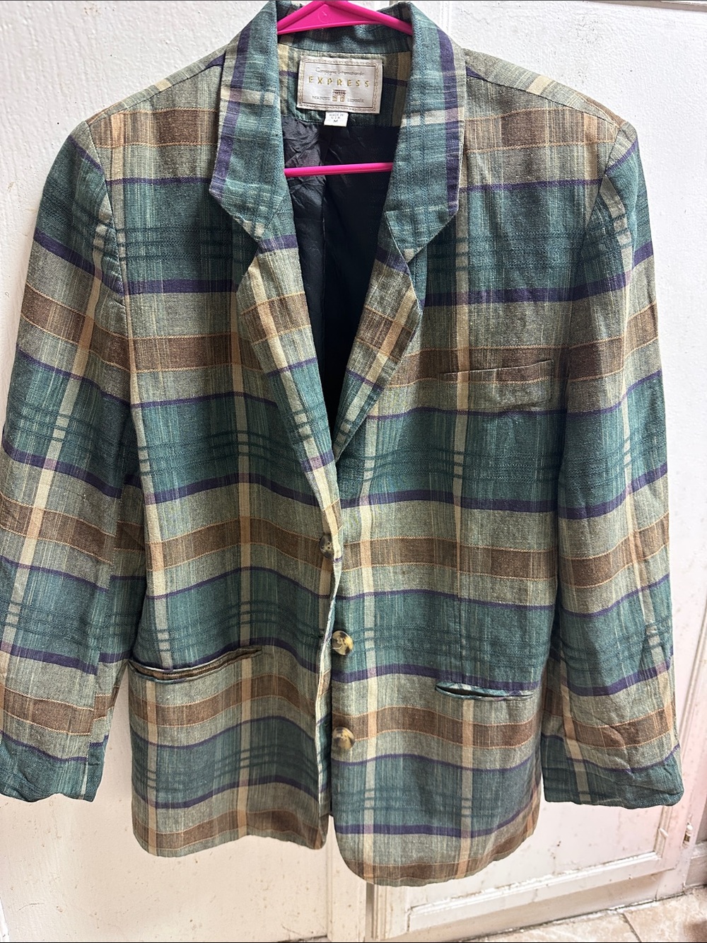 Express Plaid Blazer in Teal, Brown & Cream with Purple Accents